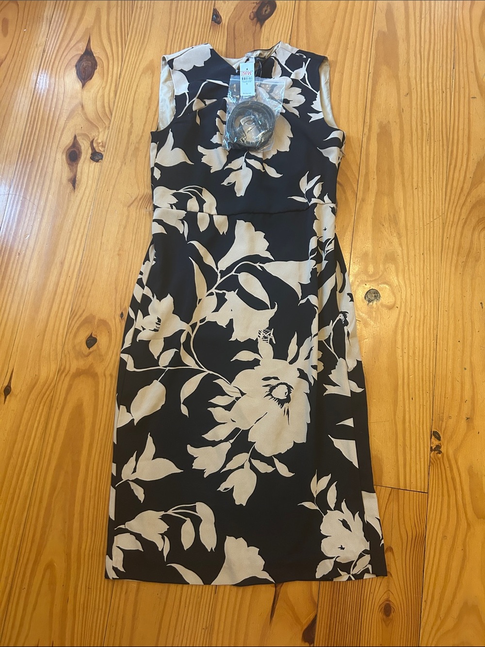 Ann Taylor Black and Cream Floral Midi Sheath Dress